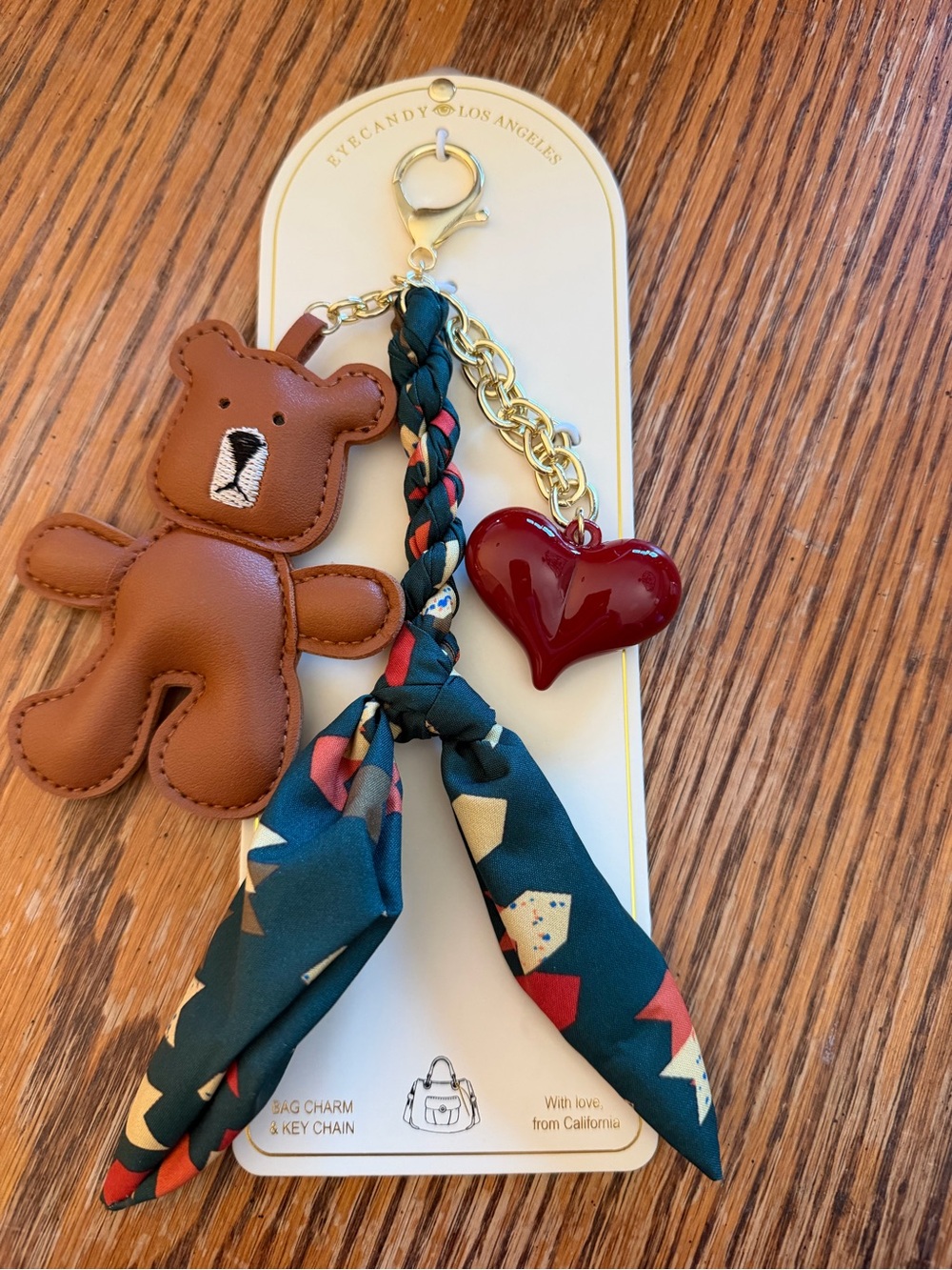 eye candy Brown Bear Keychain with Red Heart & Teal Scarf